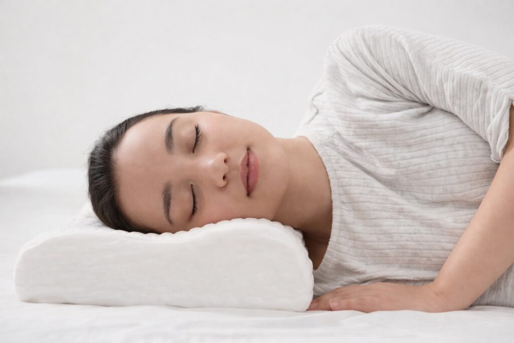 Mulher dormindo confortavelmente usando o melhor travesseiro para dor no pescoço, modelo cervical ergonômico.